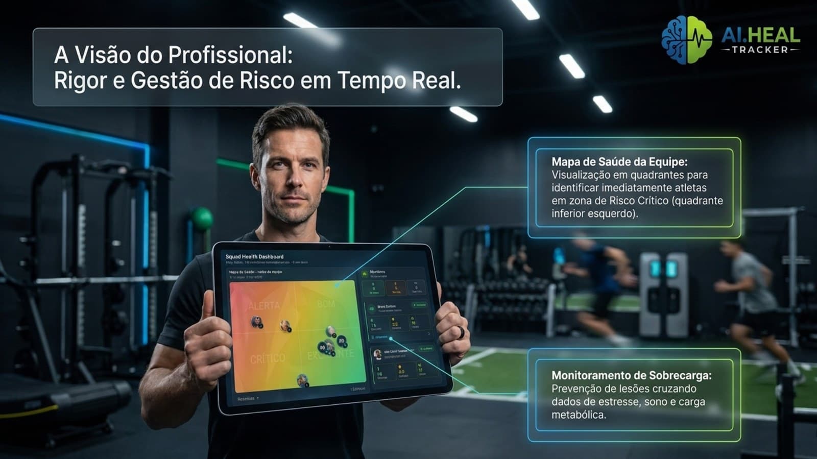Mapa de saúde do AI HEAL Hub no tablet: quadrantes Alerta, Bom, Crítico e Excelente com cada paciente posicionado