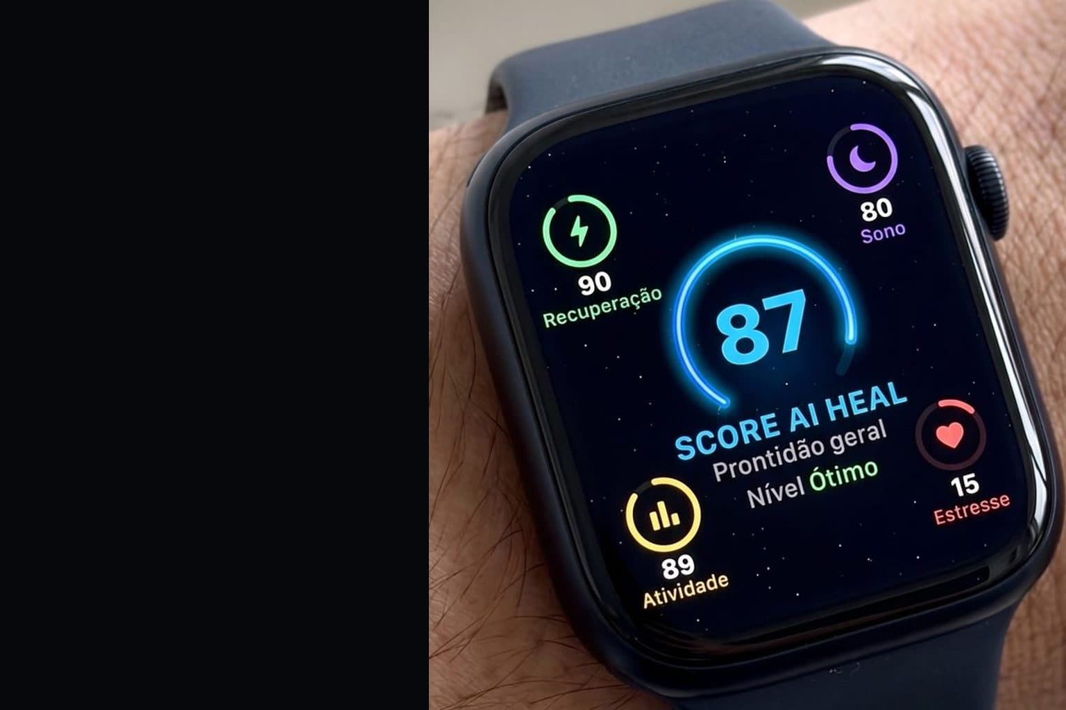 Apple Watch com o app AI HEAL Watch: score, recuperação, sono, atividade e estresse