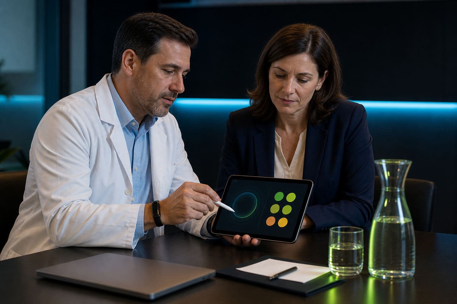 Médico do trabalho e RH revisando prontidão agregada da equipe