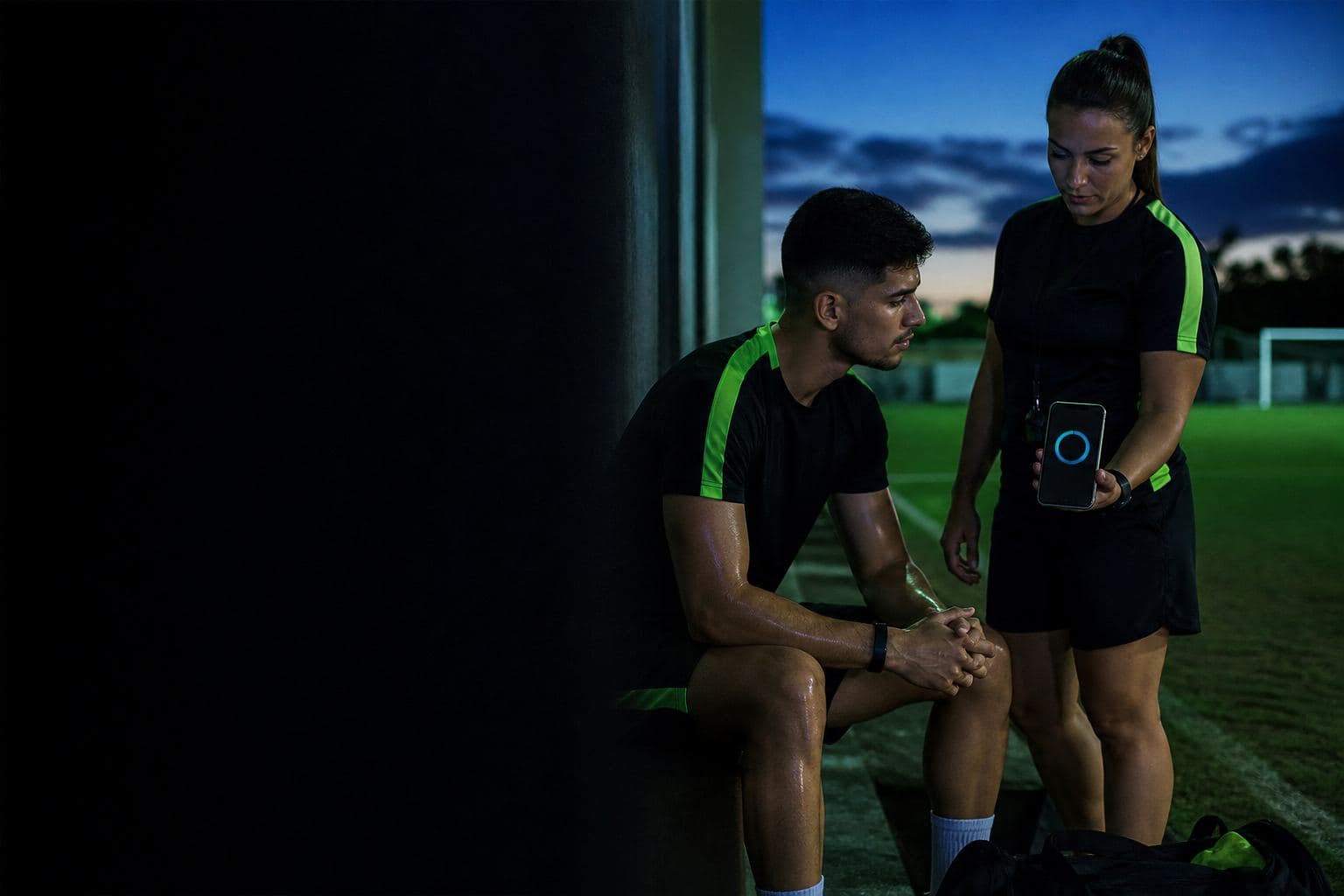 Atleta e preparação física no CT, com o score da manhã no celular